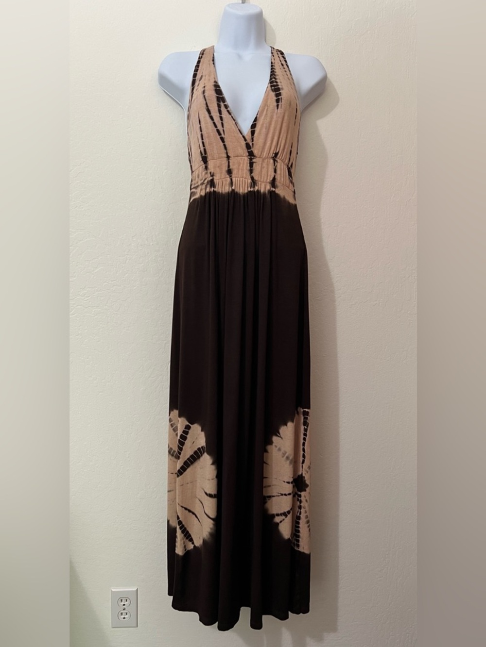 Ocean Breeze - Brown and Tan Tie-Dye Halter Maxi Dress